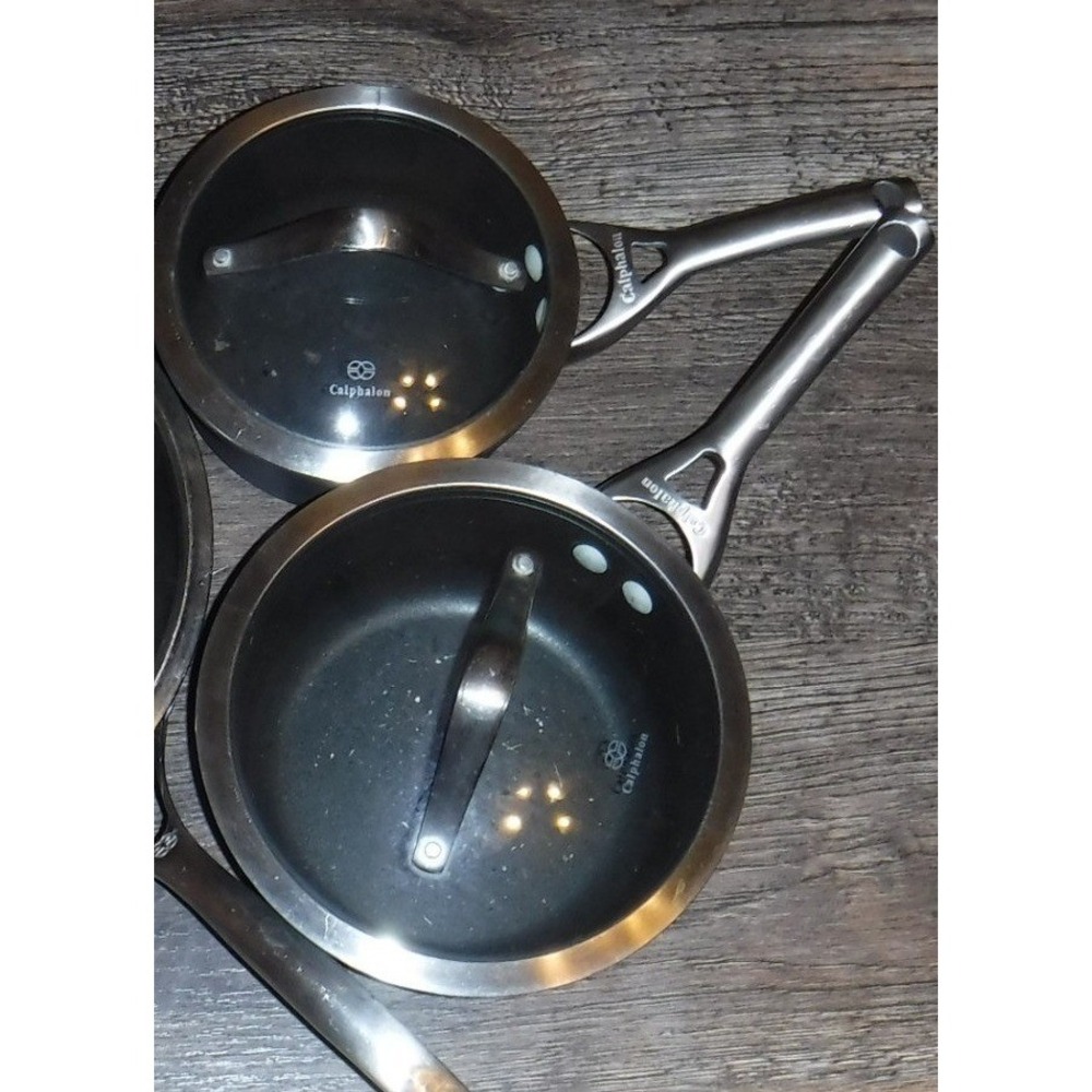 Calphalon Sauce Pan Set 2.5 Qt & Small Pot Gray Nonstick Good Condition Lids